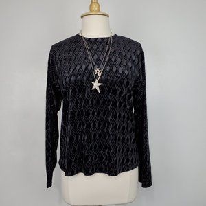 Zanz Black Textured Silk Blend Long Sleeve Top Size M